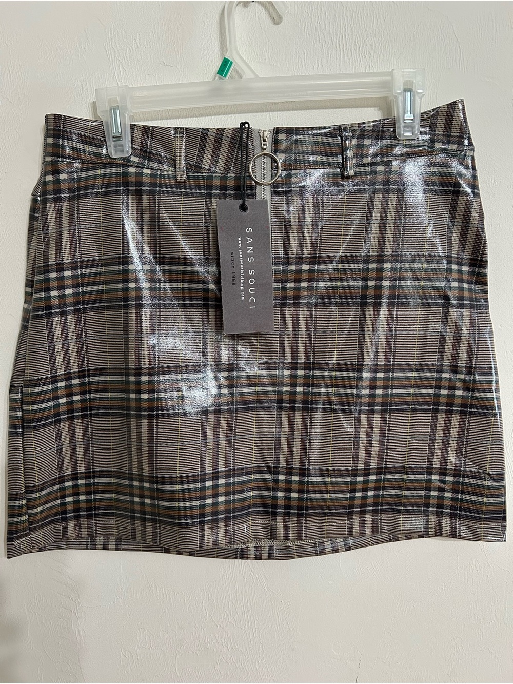 Sans Souci Glossy Plaid Mini Skirt NWT in Brown Size L